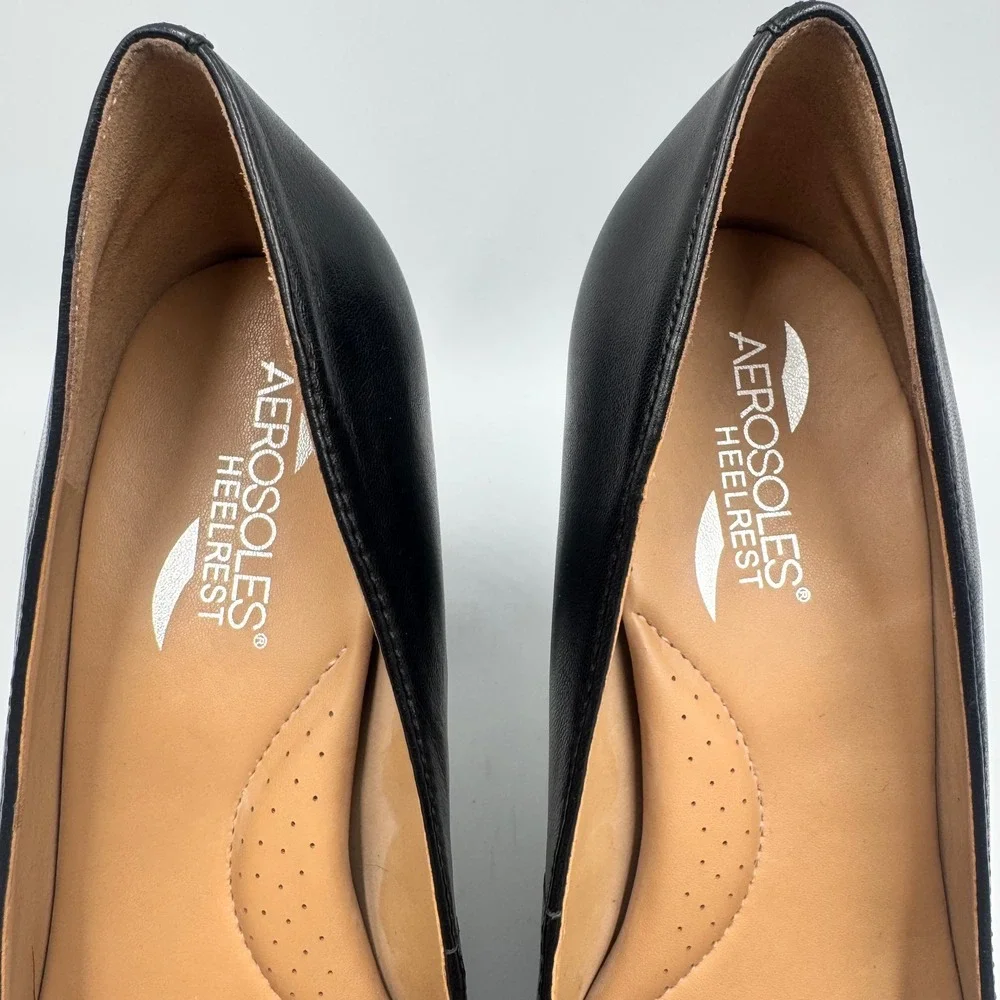 Aerosoles Octagon Black Leather Block Heel Pumps Womens 8.5M Work Career Classic